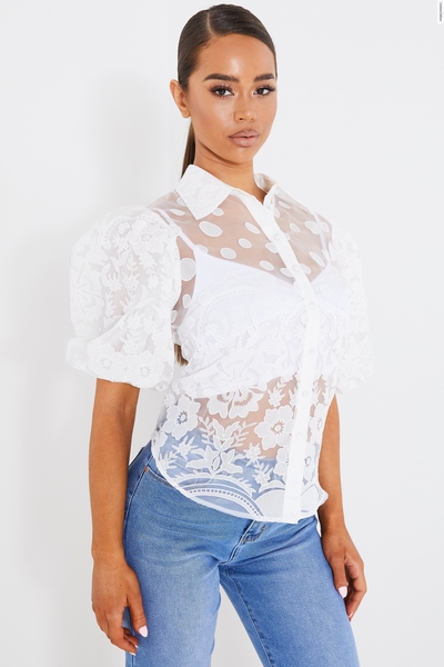 Cream Embroidered Organza Puff Sleeve Blouse